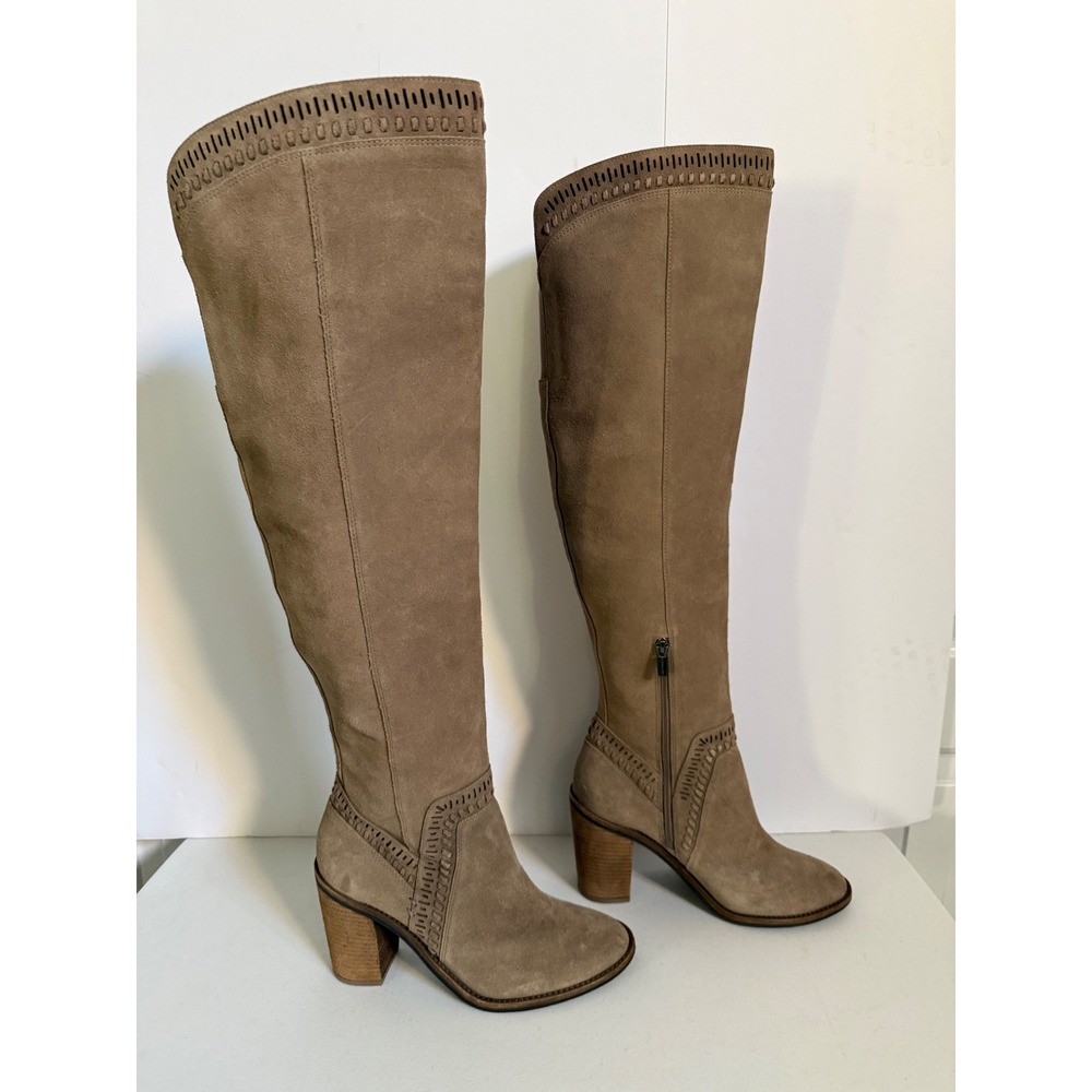 Vince Camuto Tan Suede Over The Knee Boots Block Heel Perforated Detail Size 10